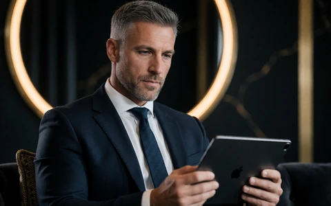 VIP-Manager im dunklen Anzug pr&uuml;ft pers&ouml;nliche Cashback-Auswertung auf einem Tablet im 30bet Casino