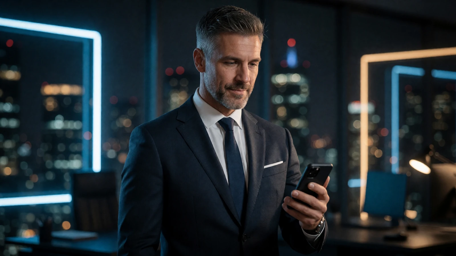 Gesch&auml;ftsmann im dunklen Anzug pr&uuml;ft die schnelle Auszahlung im 30bet Casino auf dem Smartphone
