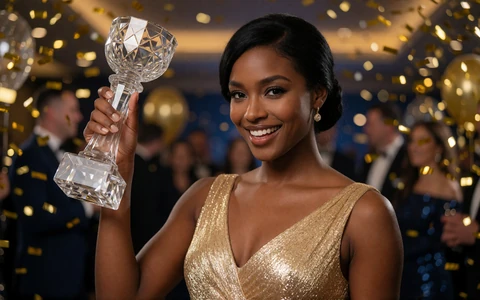 Frau im goldenen Cocktailkleid hebt eine Troph&auml;e bei einem exklusiven VIP-Turnier des 30bet Casino