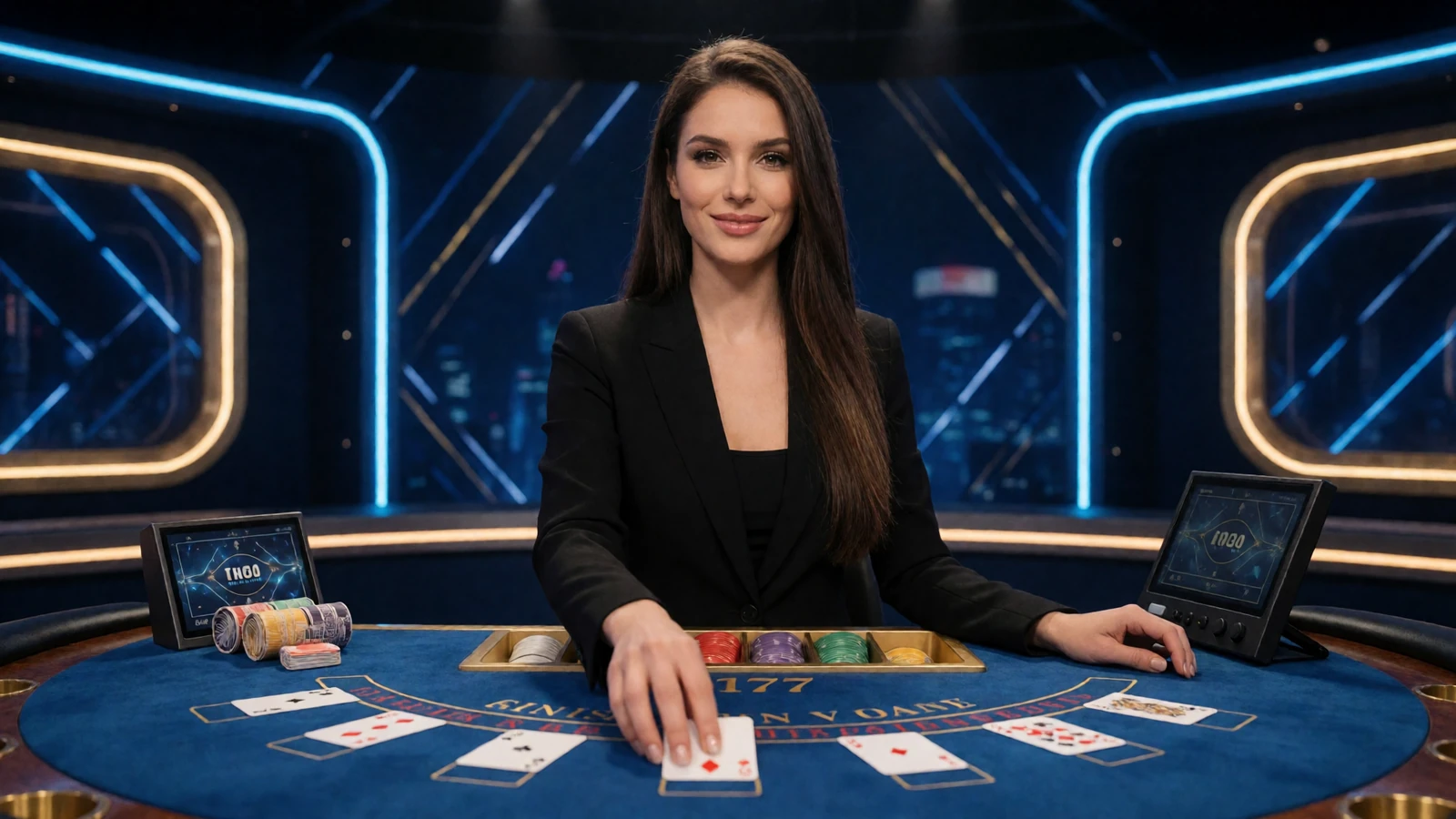Live-Dealerin teilt Karten an einem beleuchteten Blackjack-Tisch im Live Casino des 30bet mit neonblauem Licht